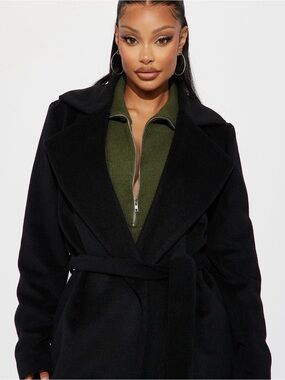 Fashion Nova Black Belted Wool-Blend Wrap Coat XL